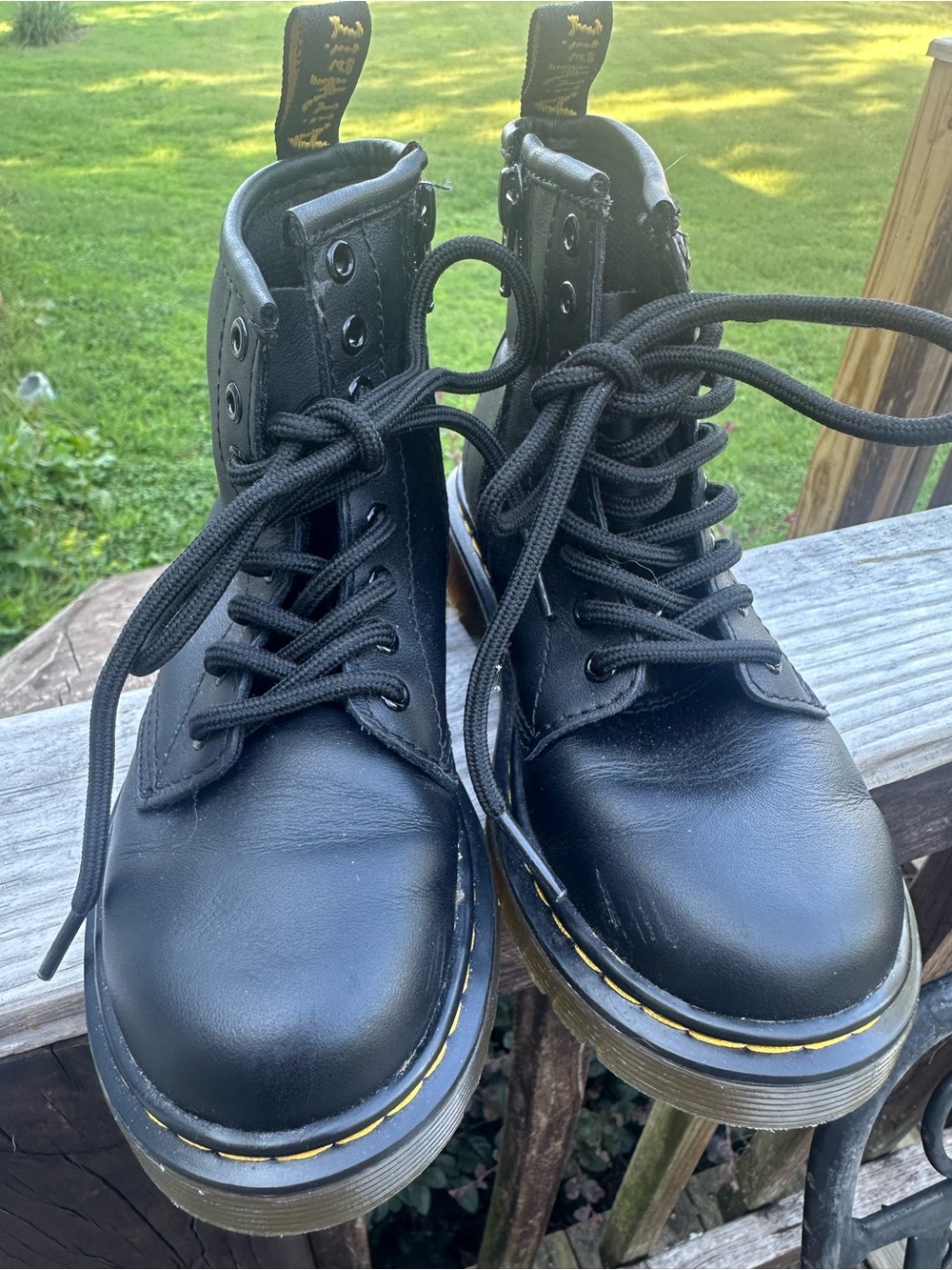 Dr. Martens Black Leather Lace-Up Boots with Yellow Stitching